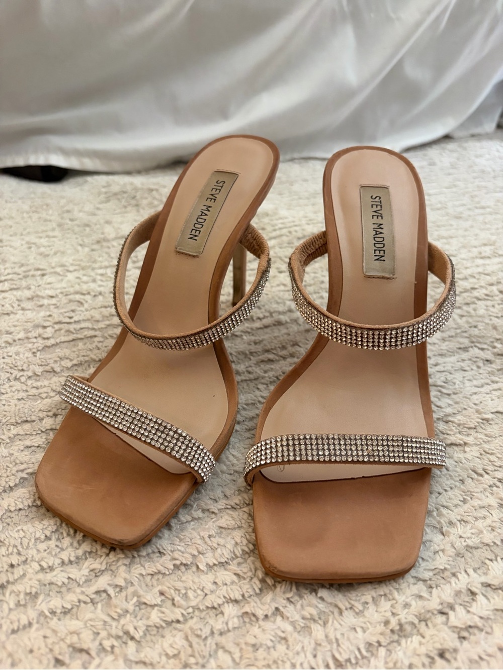 Steve Madden Tan Crystal-Strap Square-Toe Heels